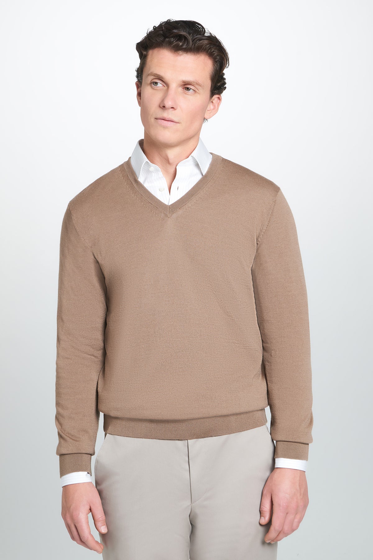 Camel Merino Wool V-Neck Sweater