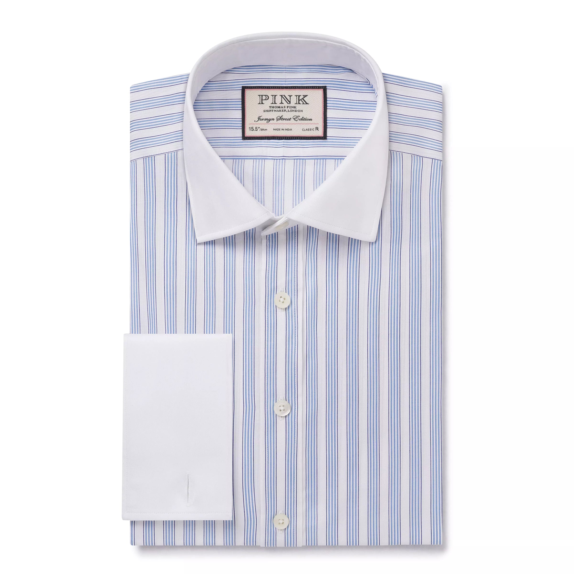 Pale Blue & White Classic Fit Formal Double Cuff Barbican Stripe Shirt