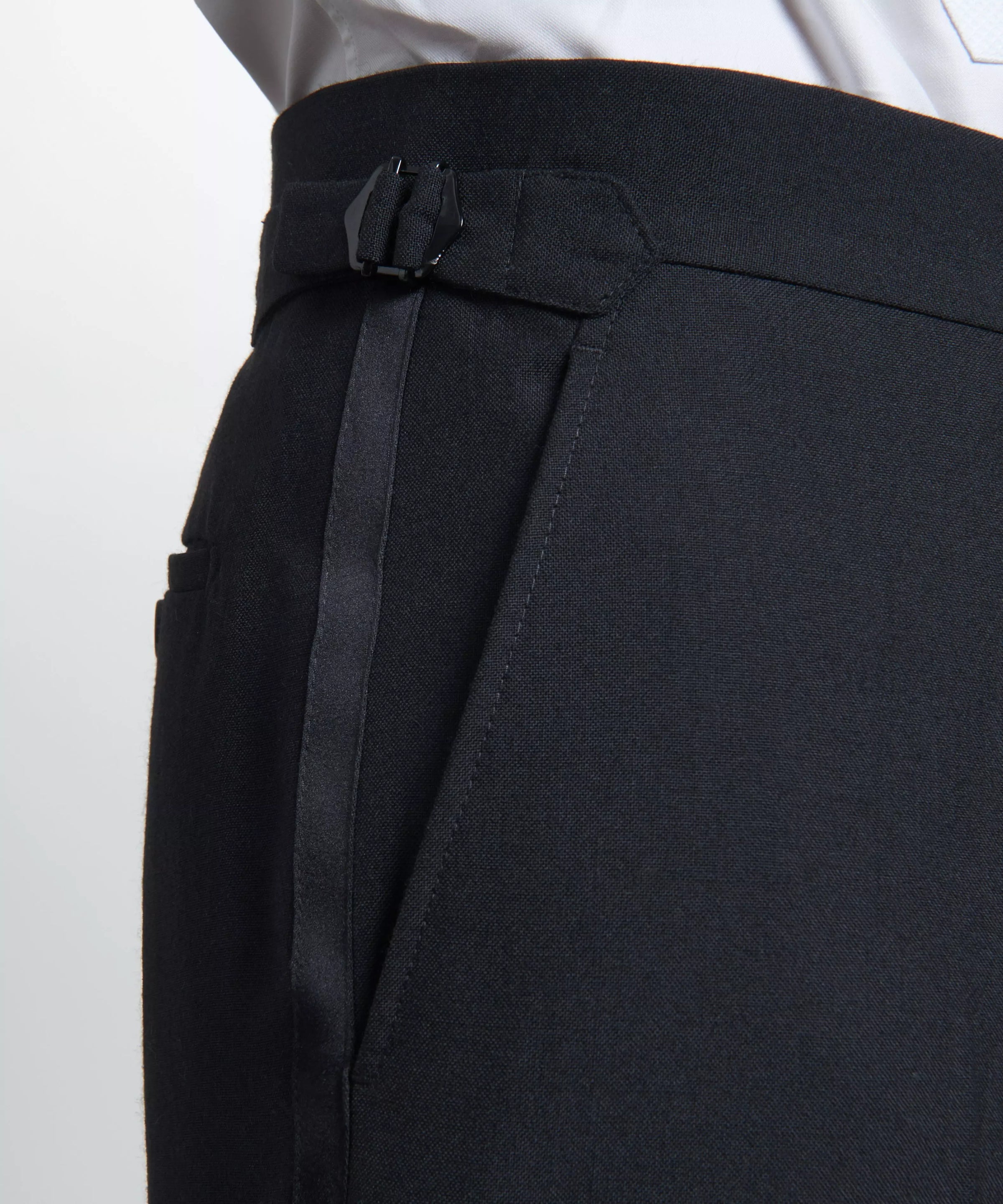 Black Tailored Fit Merino Wool Flat Front Evening Trousers